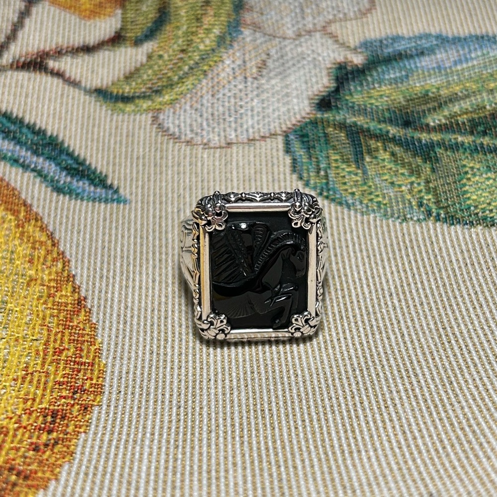 Konstantino 925 Sterling Silver Black Onyx Carved Pegasus Ring
